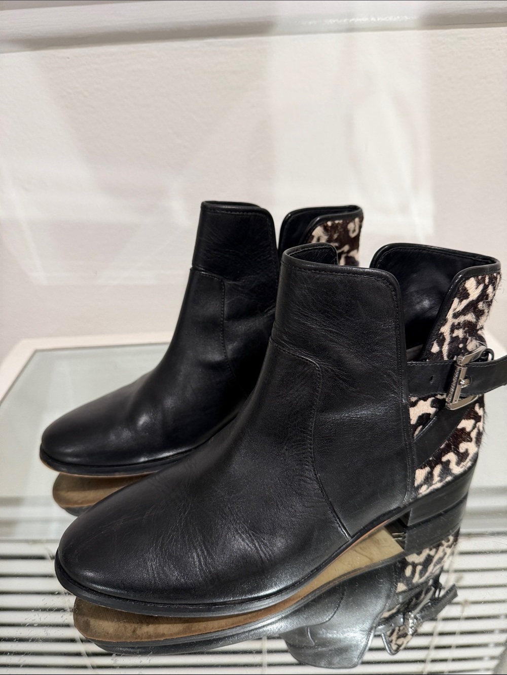 Michael Kors Black Leather Ankle Boots with Leopard-Print Heel Panel